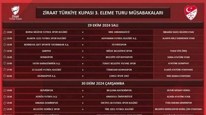 Türkiye Kupası 3. Eleme programı belli oldu: Adıyaman FK, 29 Ekim