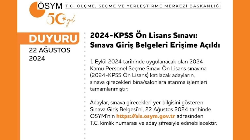 2024 KPSS Ön Lisans Sınavı giriş belgeleri erişime açıldı 